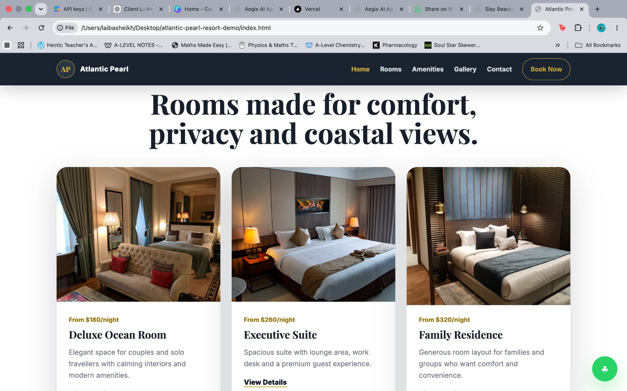 Atlantic Pearl rooms page with rates and descriptions