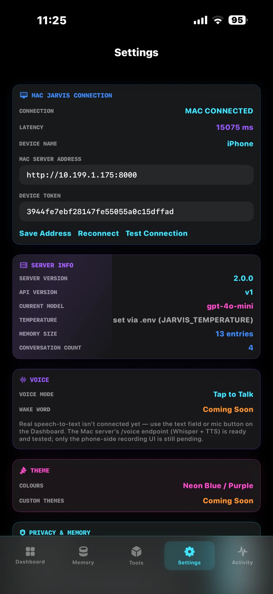 Jarvis settings screen showing Mac connection and server info