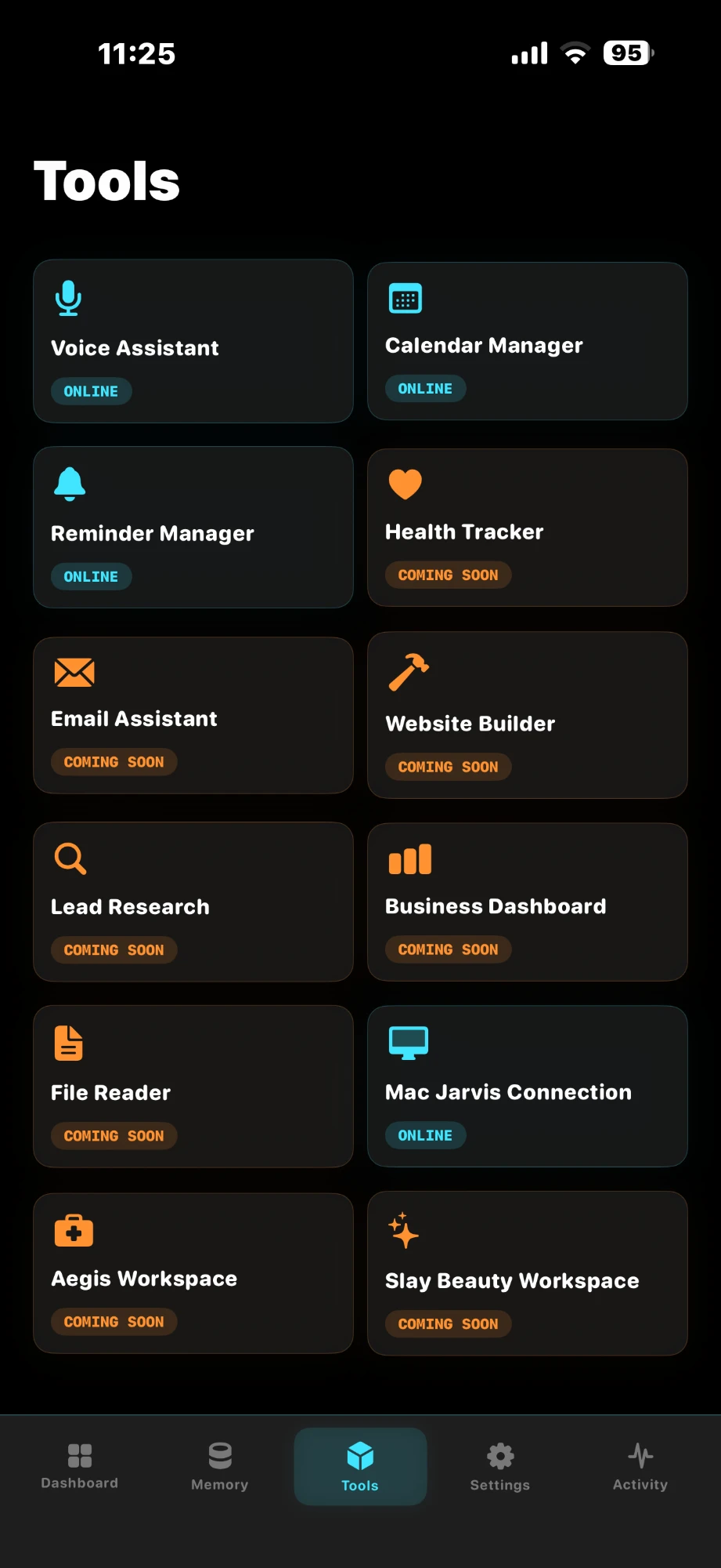 Jarvis tools and modules grid, showing online and coming soon features